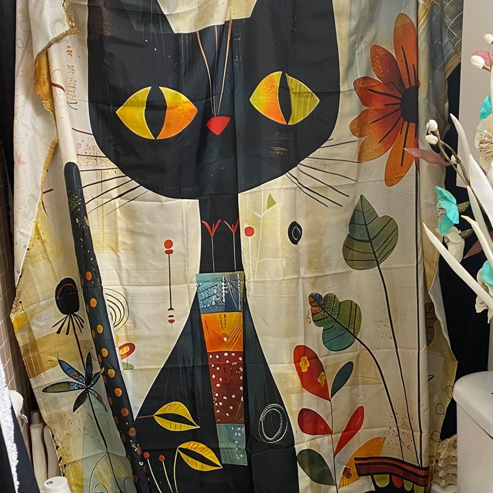 Shower-curtain New-Whimsical Black Cat Floral